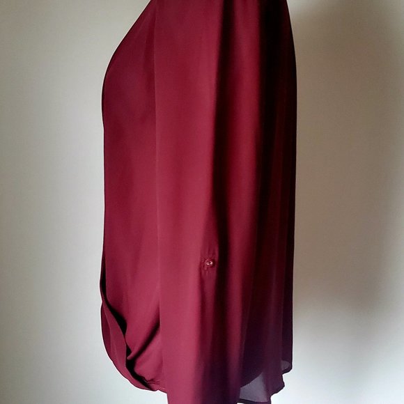 LADY DUTCH Crimson Red Drapey Crossover Blouse Long Sleeves Shoulder Detailing - Picture 6 of 8